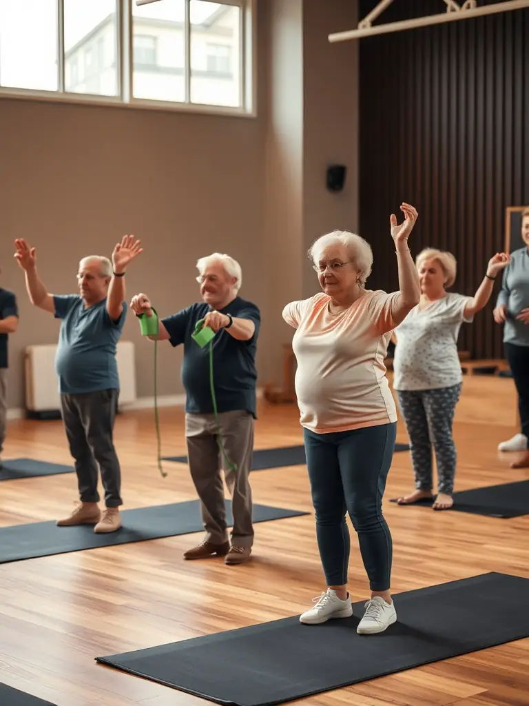 Seniors enjoying a low-impact gymnastics class at AMICALE GYM TONIC, emphasizing balance and coordination.