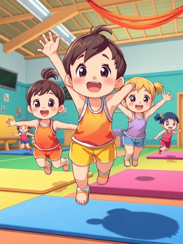 A photograph of children happily participating in a gymnastics class, showcasing the fun and engaging atmosphere at AMICALE GYM TONIC.