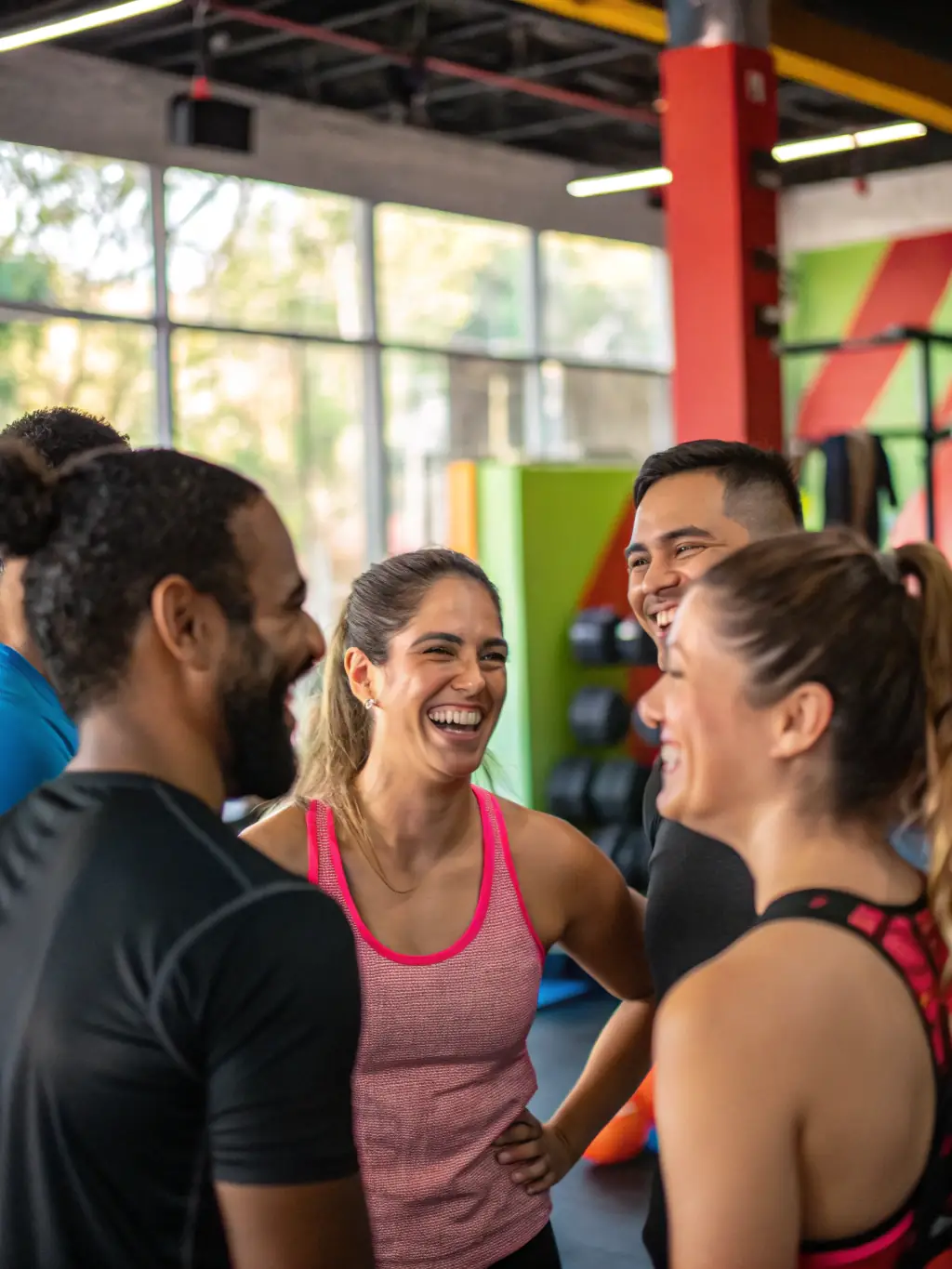 A photograph of AMICALE GYM TONIC members laughing and interacting during a post-exercise social gathering, highlighting the sense of community and camaraderie.