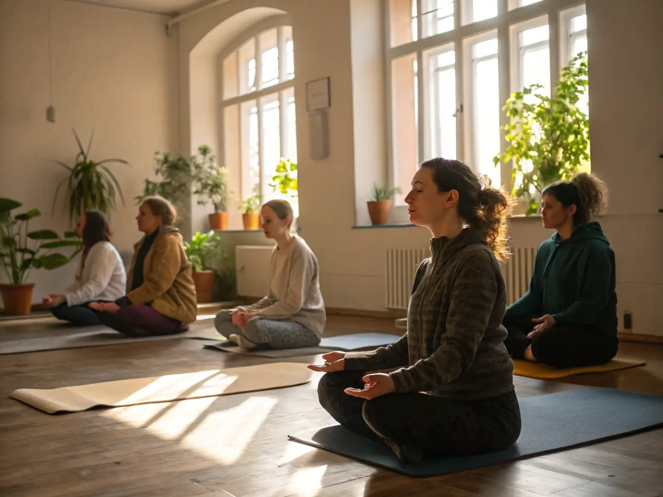 A serene image of participants practicing mindfulness and relaxation techniques at AMICALE GYM TONIC, emphasizing mental well-being and stress reduction.