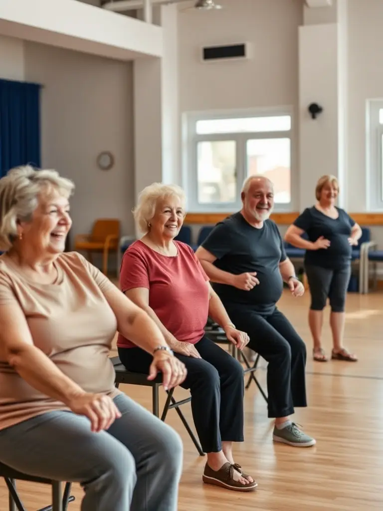 A group of seniors participating in a gentle stretching exercise during a gymnastics session, focusing on improving their flexibility and balance.