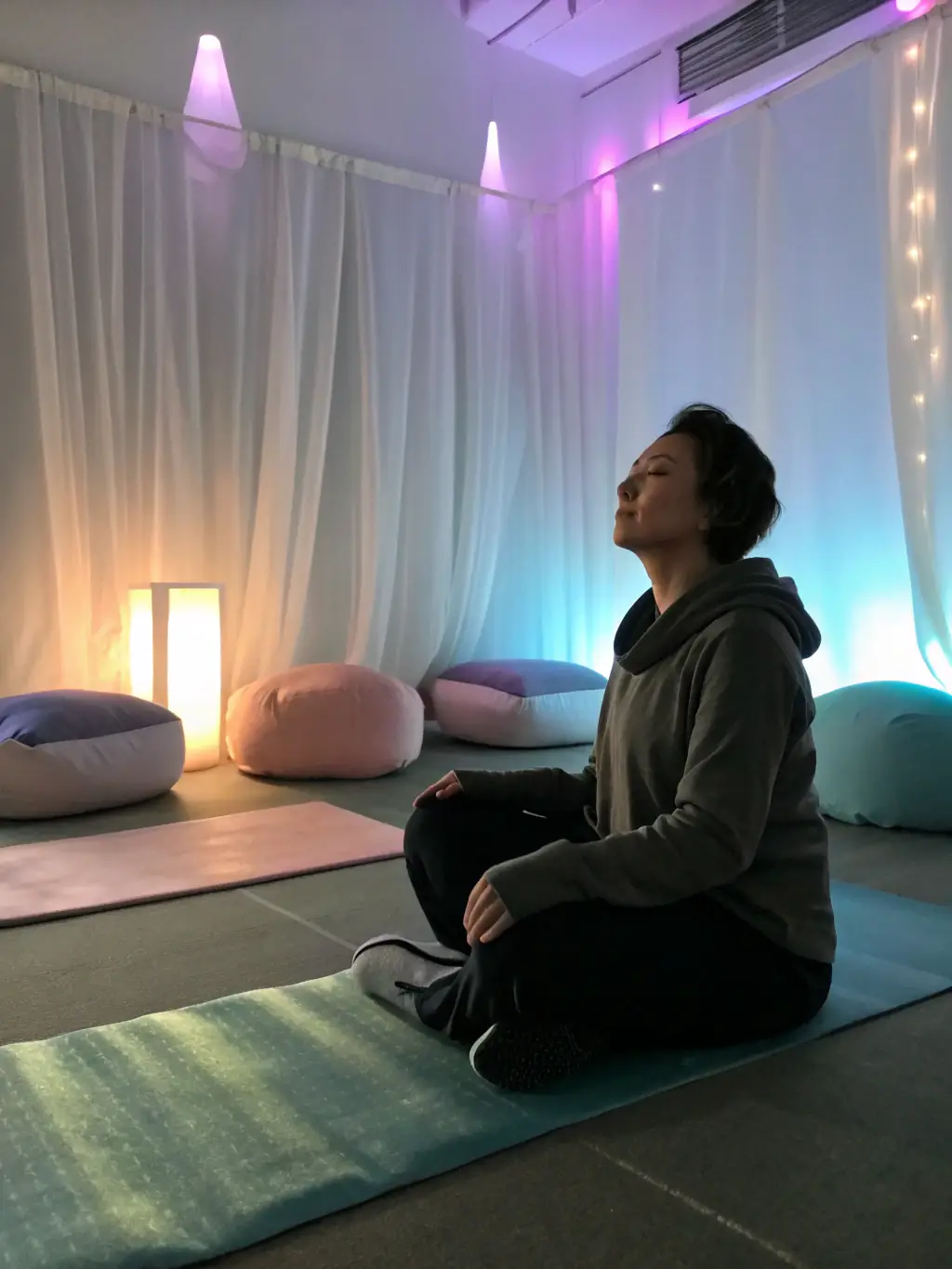 A photograph of a participant looking focused and serene during a yoga session at AMICALE GYM TONIC, emphasizing the mental well-being benefits of the program.