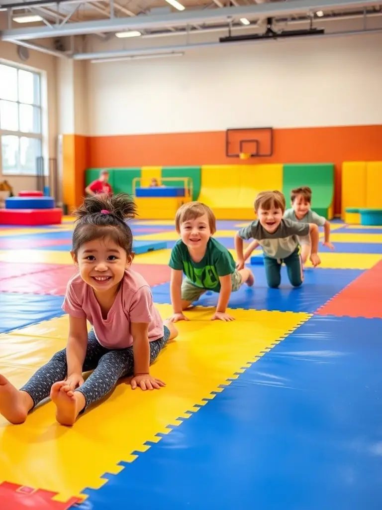 A group of children laughing and stretching during a gymnastics class at AMICALE GYM TONIC, showcasing the fun and engaging atmosphere.
