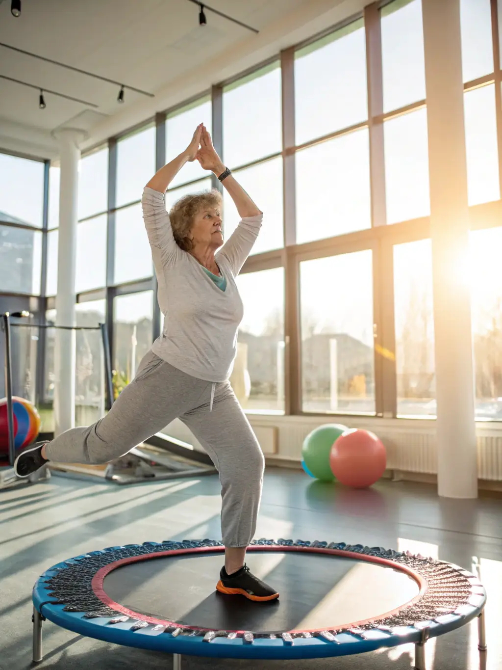 A photograph showcasing a senior member of AMICALE GYM TONIC effortlessly performing a stretching exercise, demonstrating enhanced mobility and flexibility.