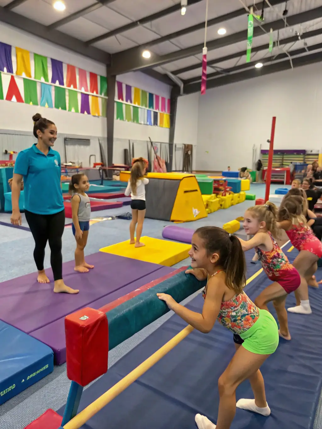 A diverse group of people of all ages and abilities participating in a gymnastics class, highlighting the inclusive nature of the program.