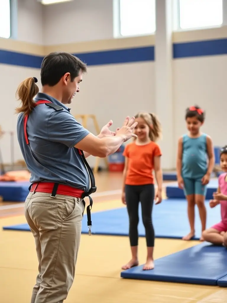 A picture of a supportive instructor helping a participant during a gymnastics session, emphasizing the personalized attention provided at AMICALE GYM TONIC.