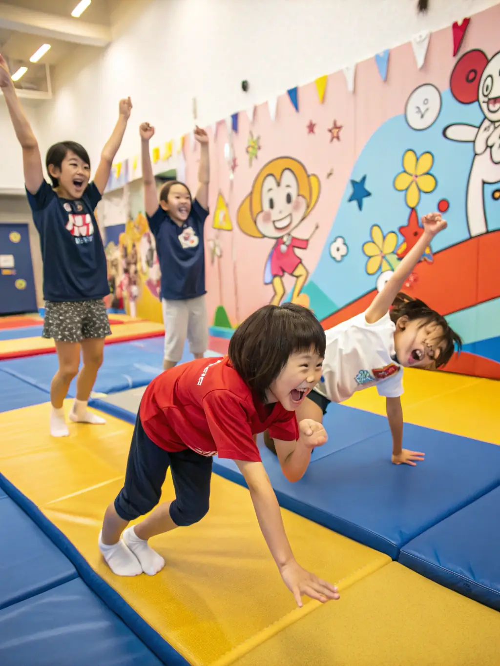 Children laughing and playing while learning basic gymnastic moves, emphasizing the fun and engaging aspects of the program.