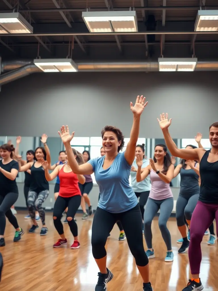 A diverse group of individuals participating in a group fitness class that incorporates gymnastics-inspired movements, promoting overall fitness and camaraderie, led by certified instructors at AMICALE GYM TONIC.