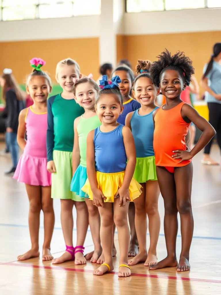 A diverse group of people participating in a community gymnastics event at AMICALE GYM TONIC, highlighting inclusivity and social interaction.