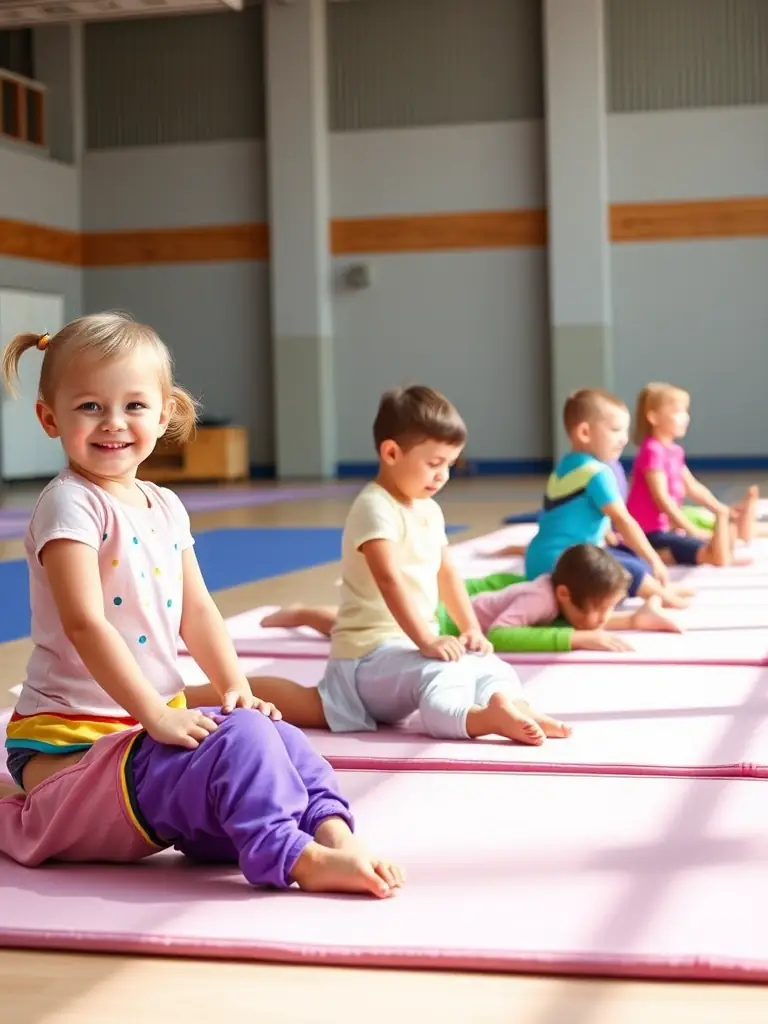 A group of children participating in a gymnastics class, focusing on balance and coordination exercises, with a qualified instructor supervising them in a safe environment at AMICALE GYM TONIC.
