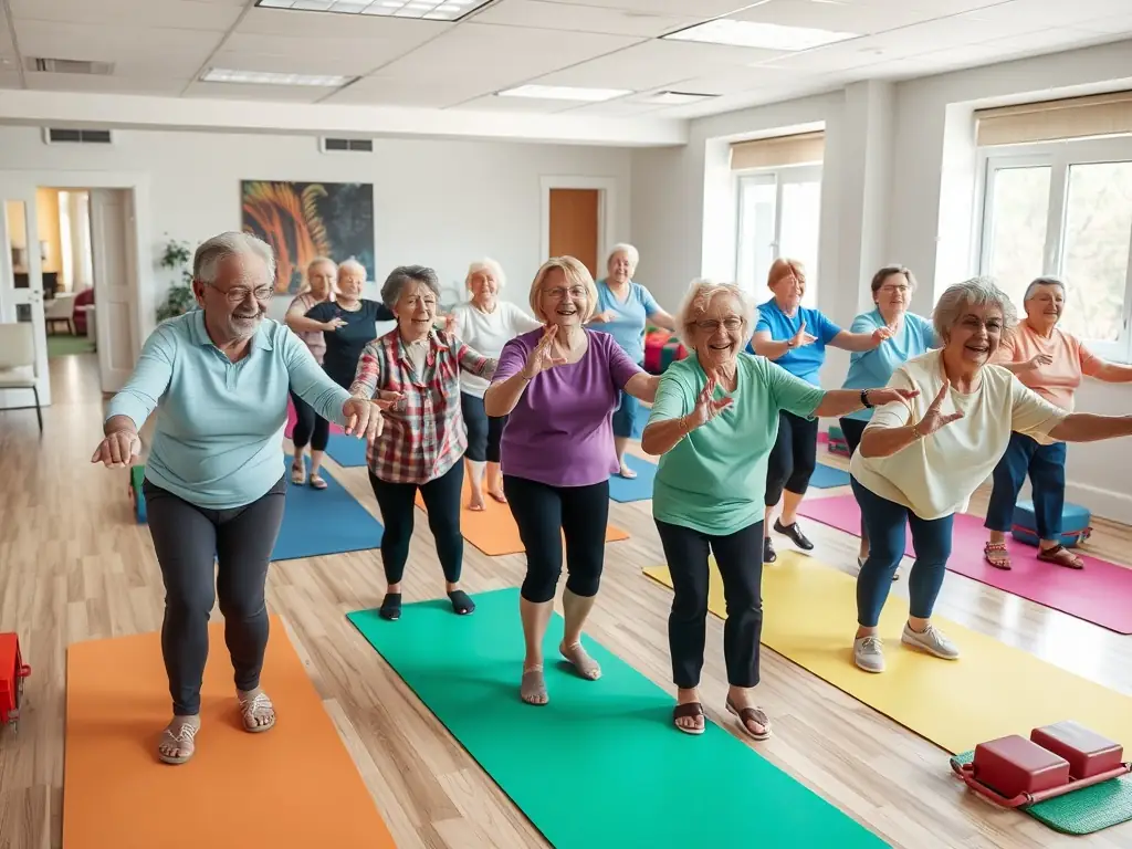 A group of seniors participating in a gentle stretching exercise during a gymnastics session at AMICALE GYM TONIC, focusing on improving mobility and flexibility.