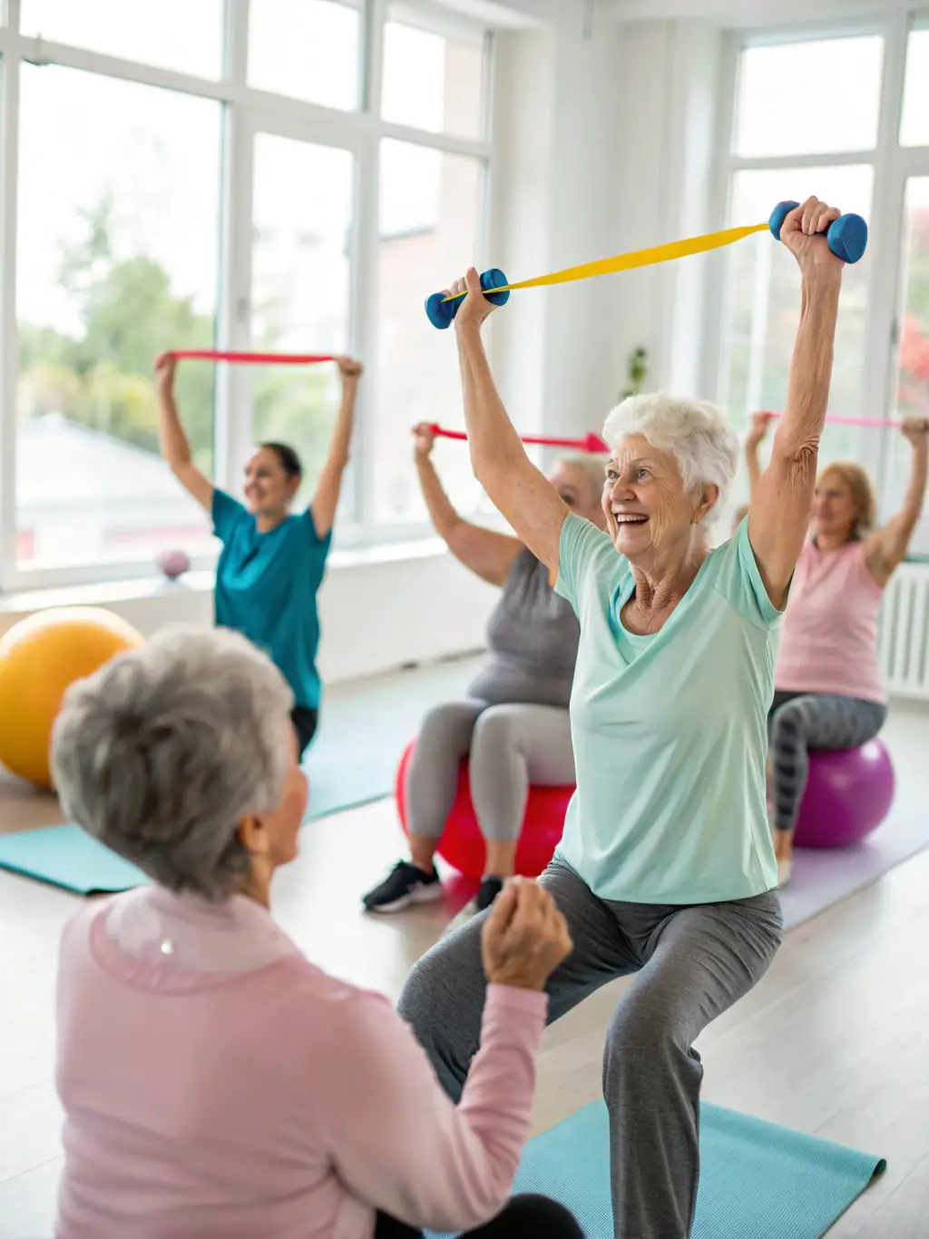 A photograph of a diverse group of AMICALE GYM TONIC members participating in a low-impact aerobics class, smiling and engaged, set against a bright and airy studio backdrop.
